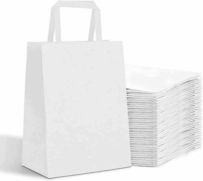 Pungi hartie albe cu maner 28x17x28 cm – Set 50 bucati
